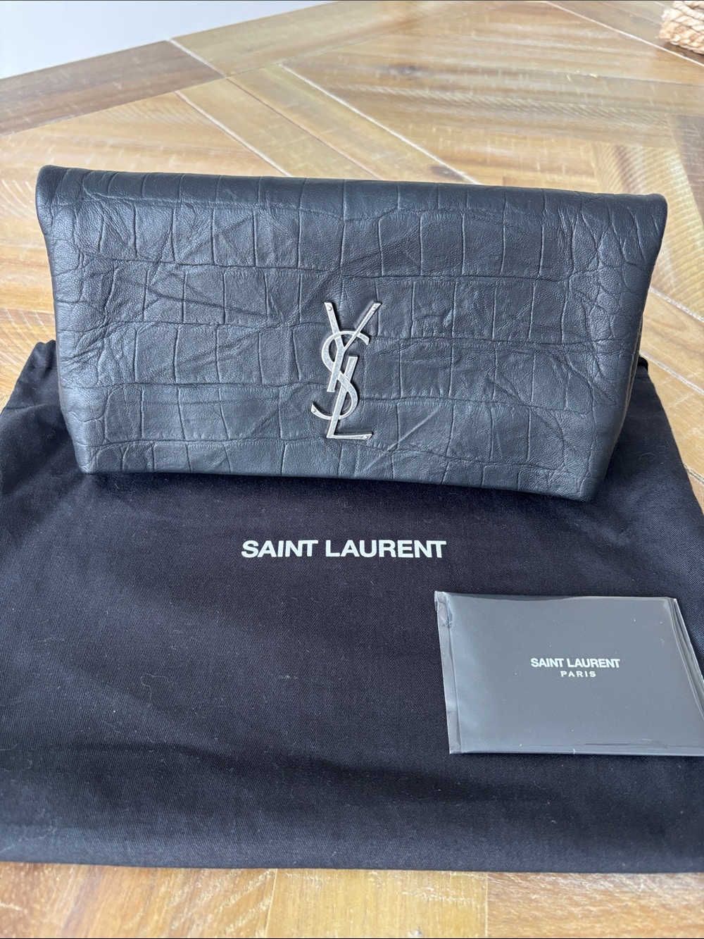 Yves Saint Laurent Black Croc-Embossed Leather YSL Clutch with Silver Logo